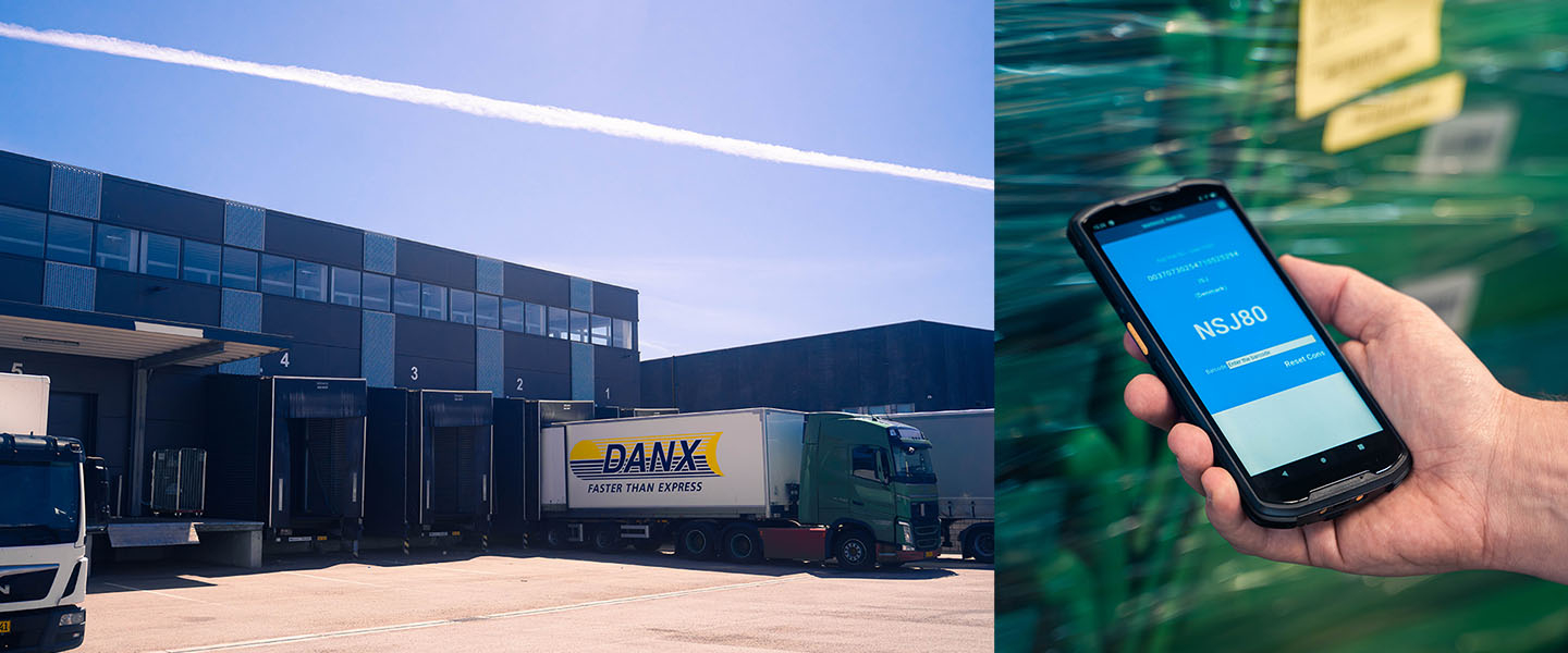Image of two photos at DANX for the SkanCode and DANX Customer Story. One photo features their warehouse and trucks and the second photo features the MT95 Kambur Pro Mobile Computer Barcode Scanner with the MDM software Ndevor